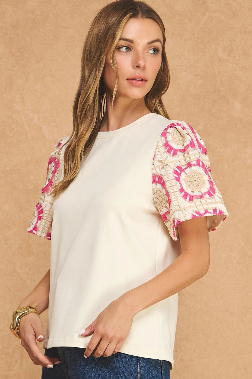 Cream & Pink Crochet Sleeve Top