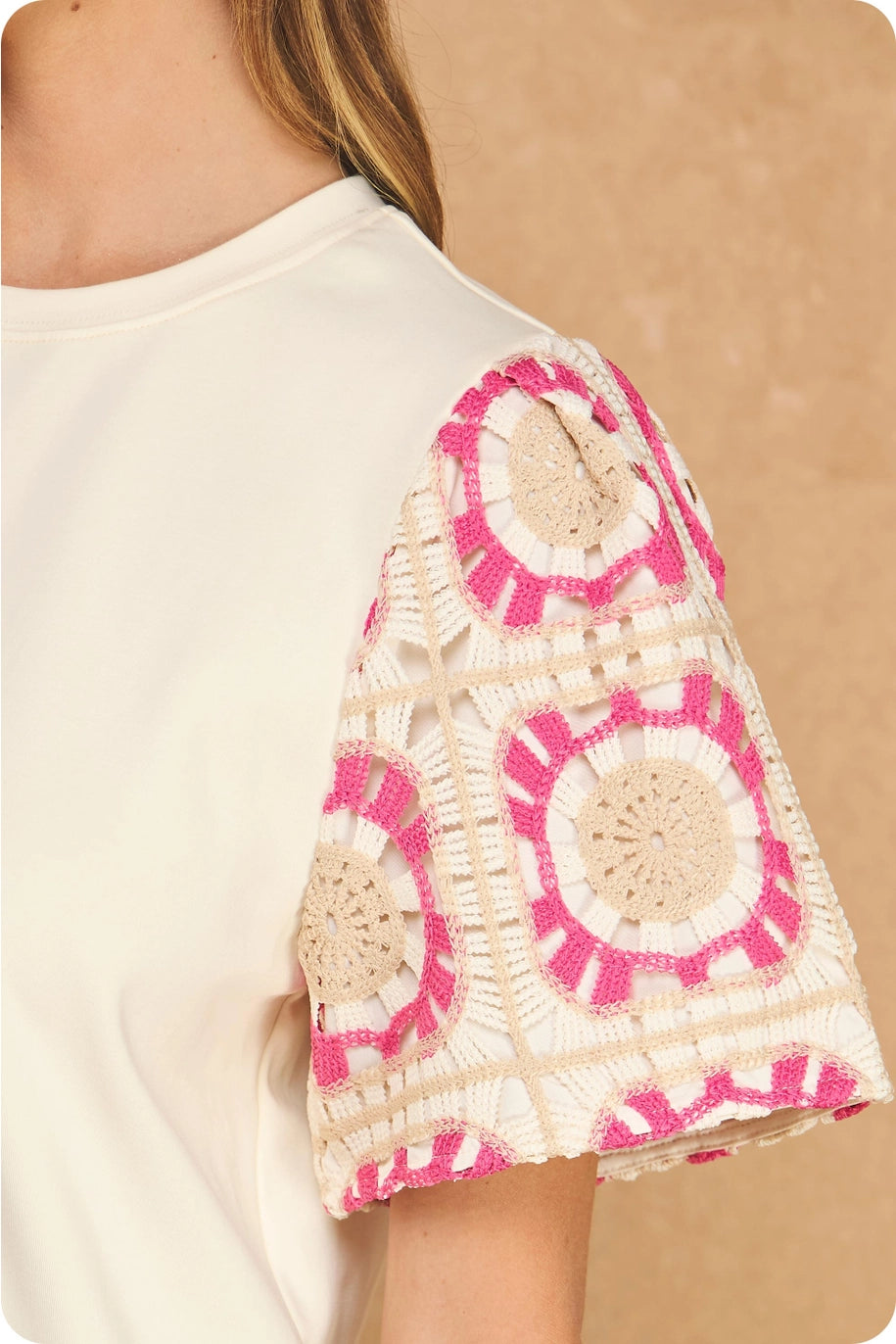 Cream & Pink Crochet Sleeve Top