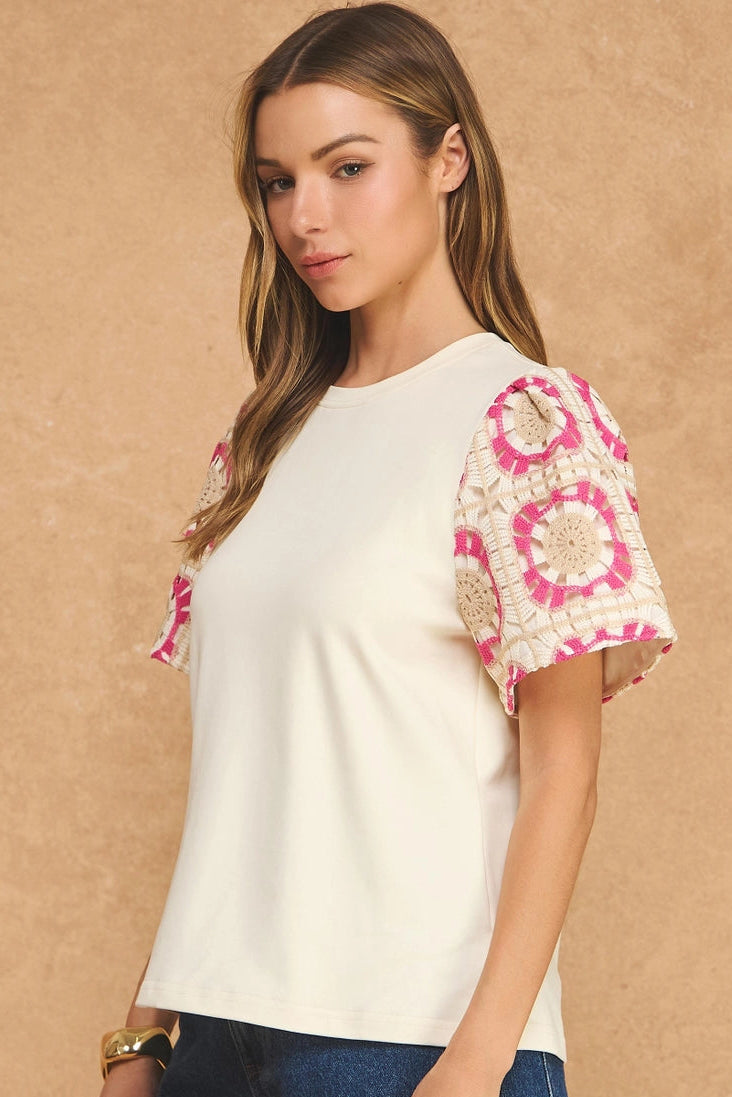 Cream & Pink Crochet Sleeve Top