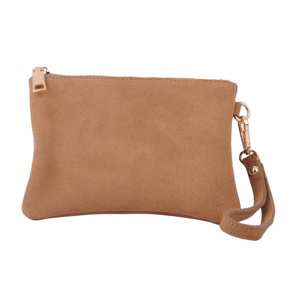 Camel Leather Suede Wristlet