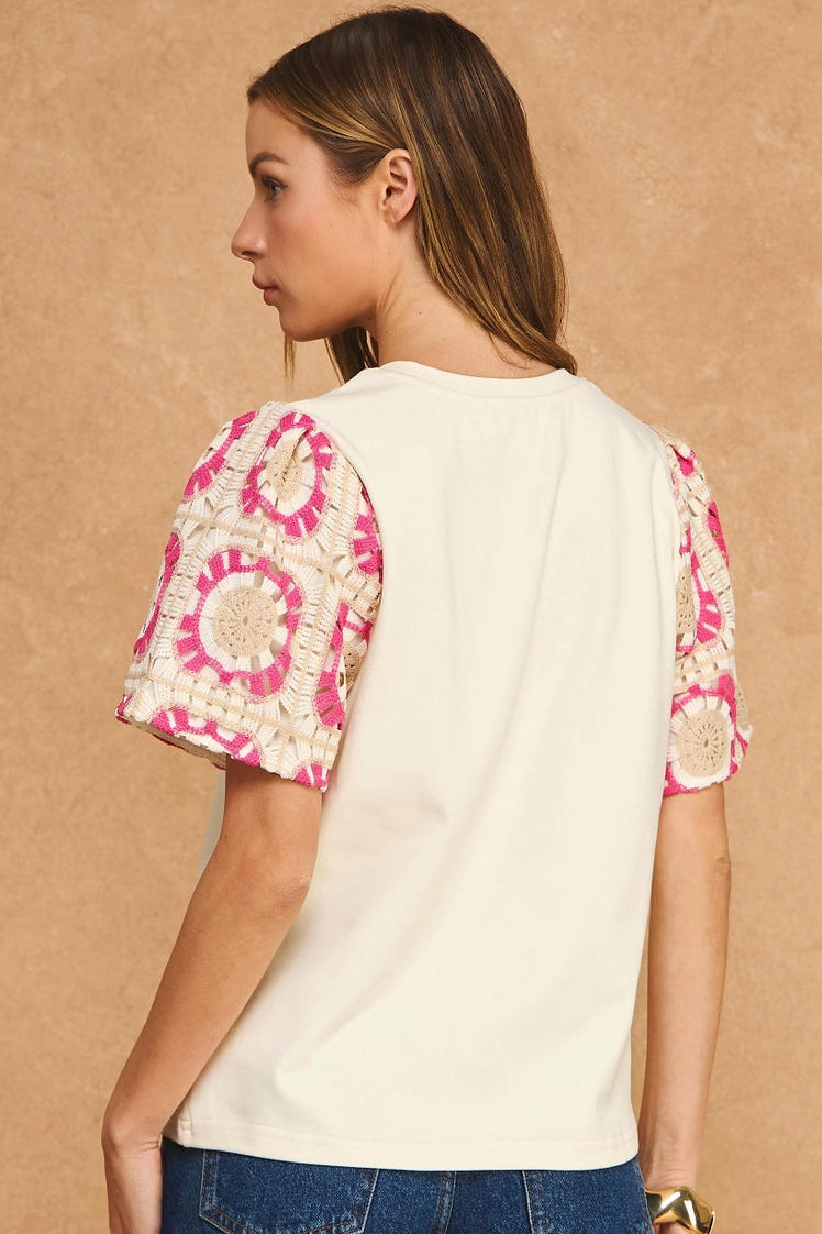 Cream & Pink Crochet Sleeve Top