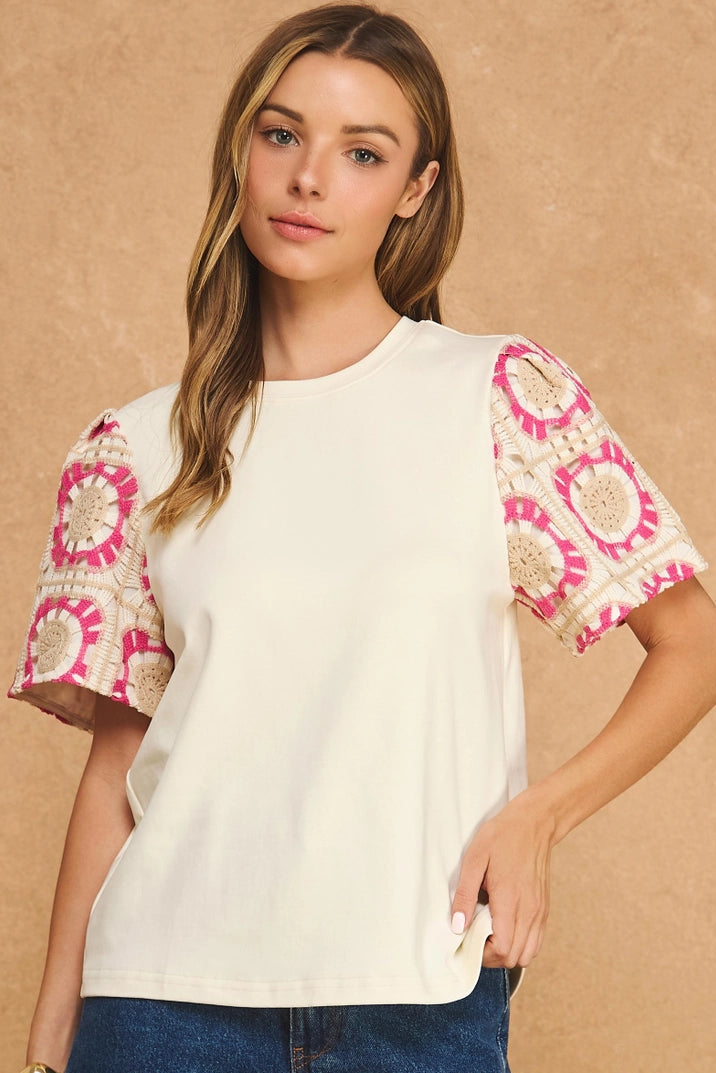 Cream & Pink Crochet Sleeve Top