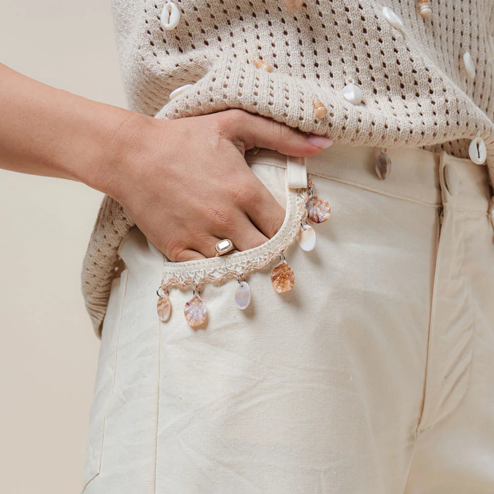 Cream Shell Embellished Wide Leg Pants