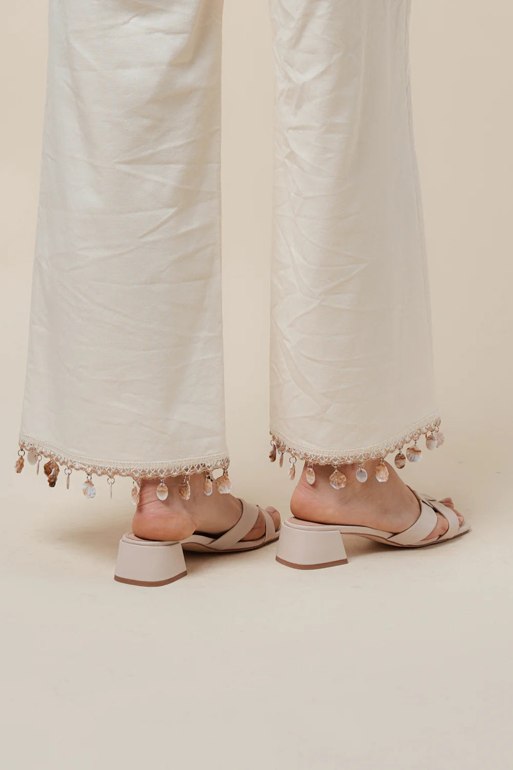 Cream Shell Embellished Wide Leg Pants
