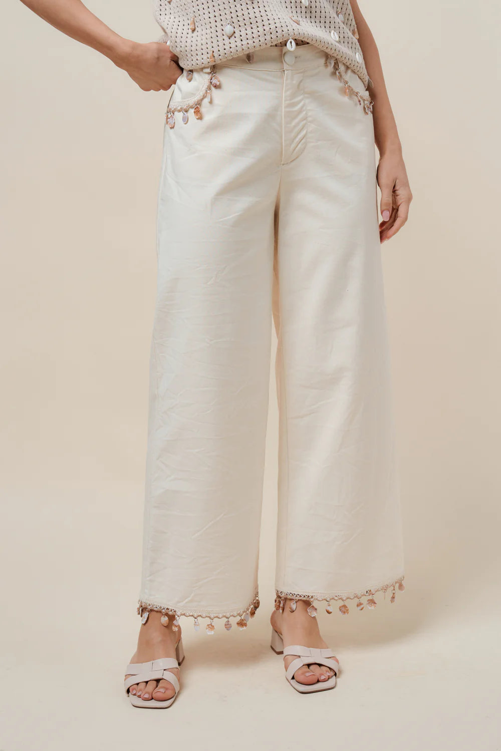 Cream Shell Embellished Wide Leg Pants