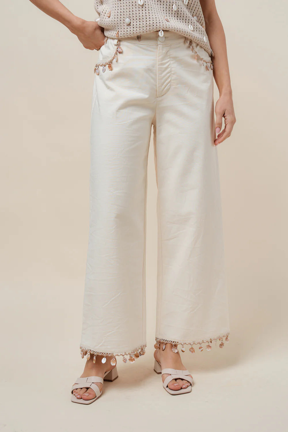 Cream Shell Embellished Wide Leg Pants