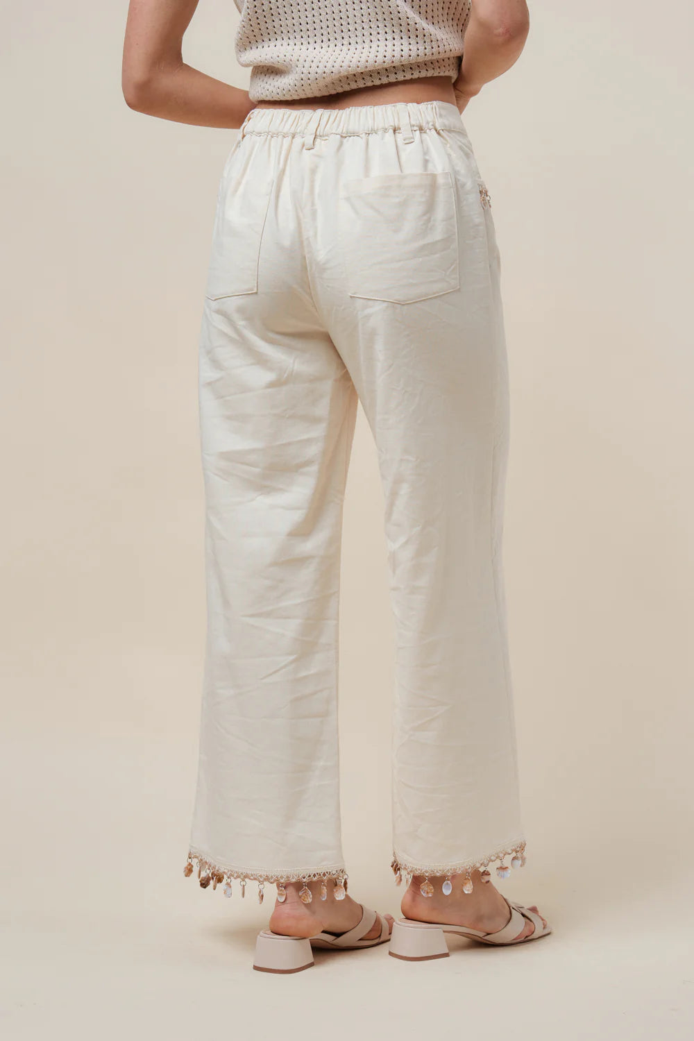 Cream Shell Embellished Wide Leg Pants