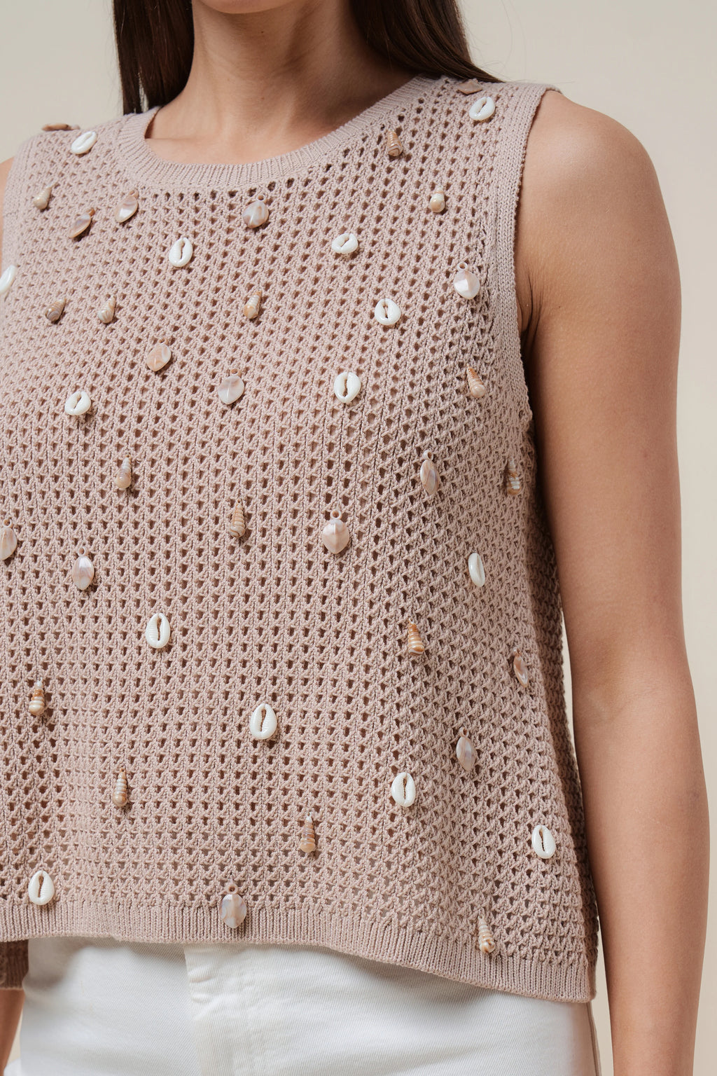 Taupe Shell Embellished Crochet Tank