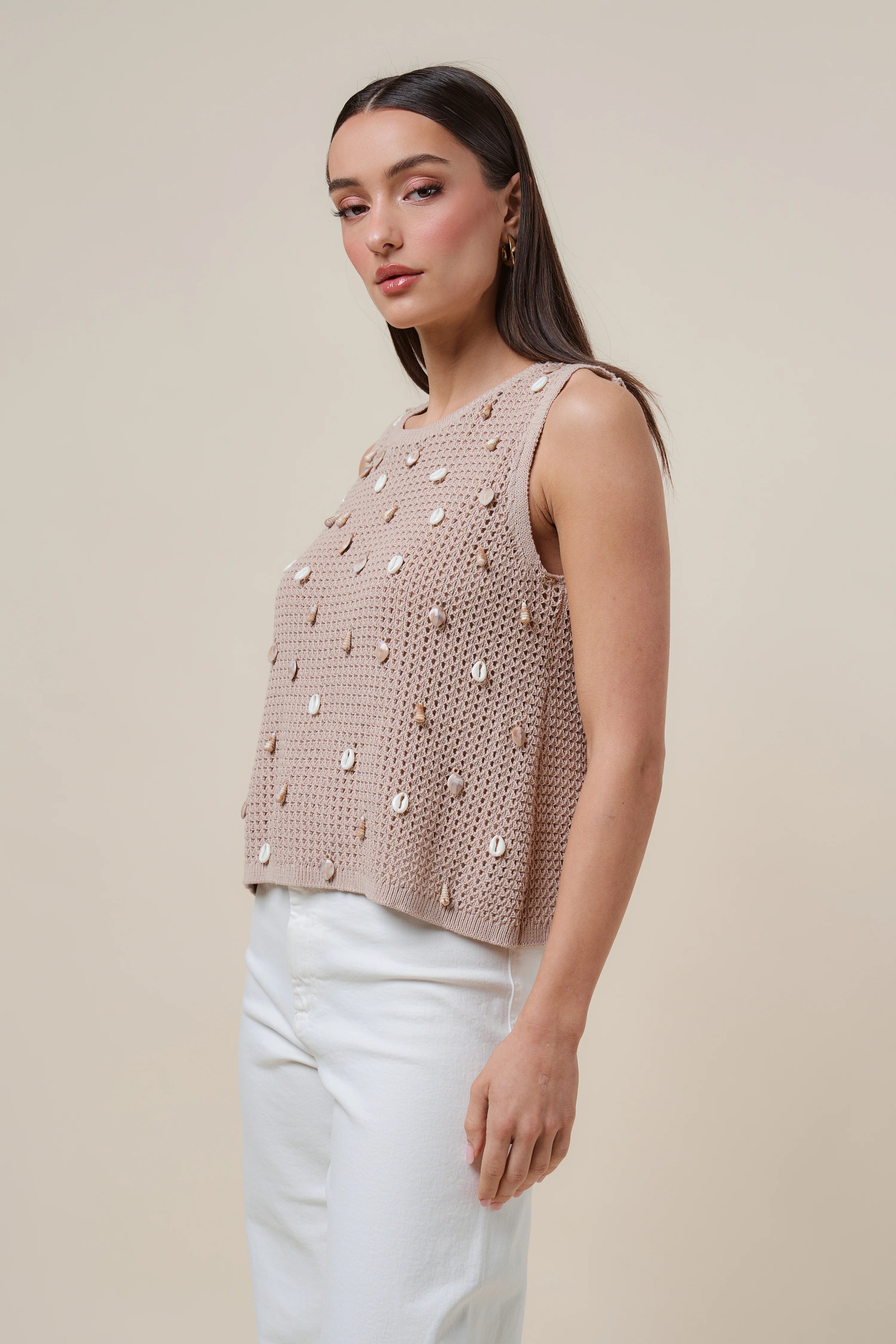Taupe Shell Embellished Crochet Tank