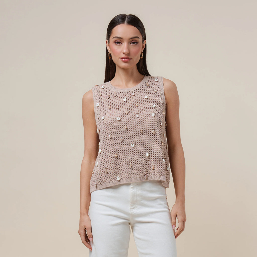 Taupe Shell Embellished Crochet Tank
