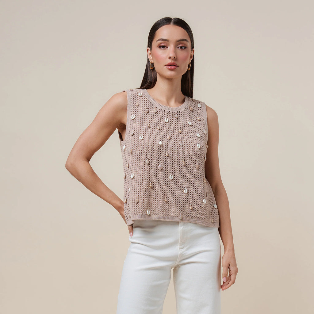 Taupe Shell Embellished Crochet Tank