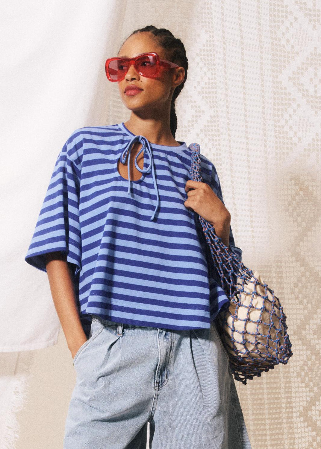 Blue Striped Tie-Neck Blouse
