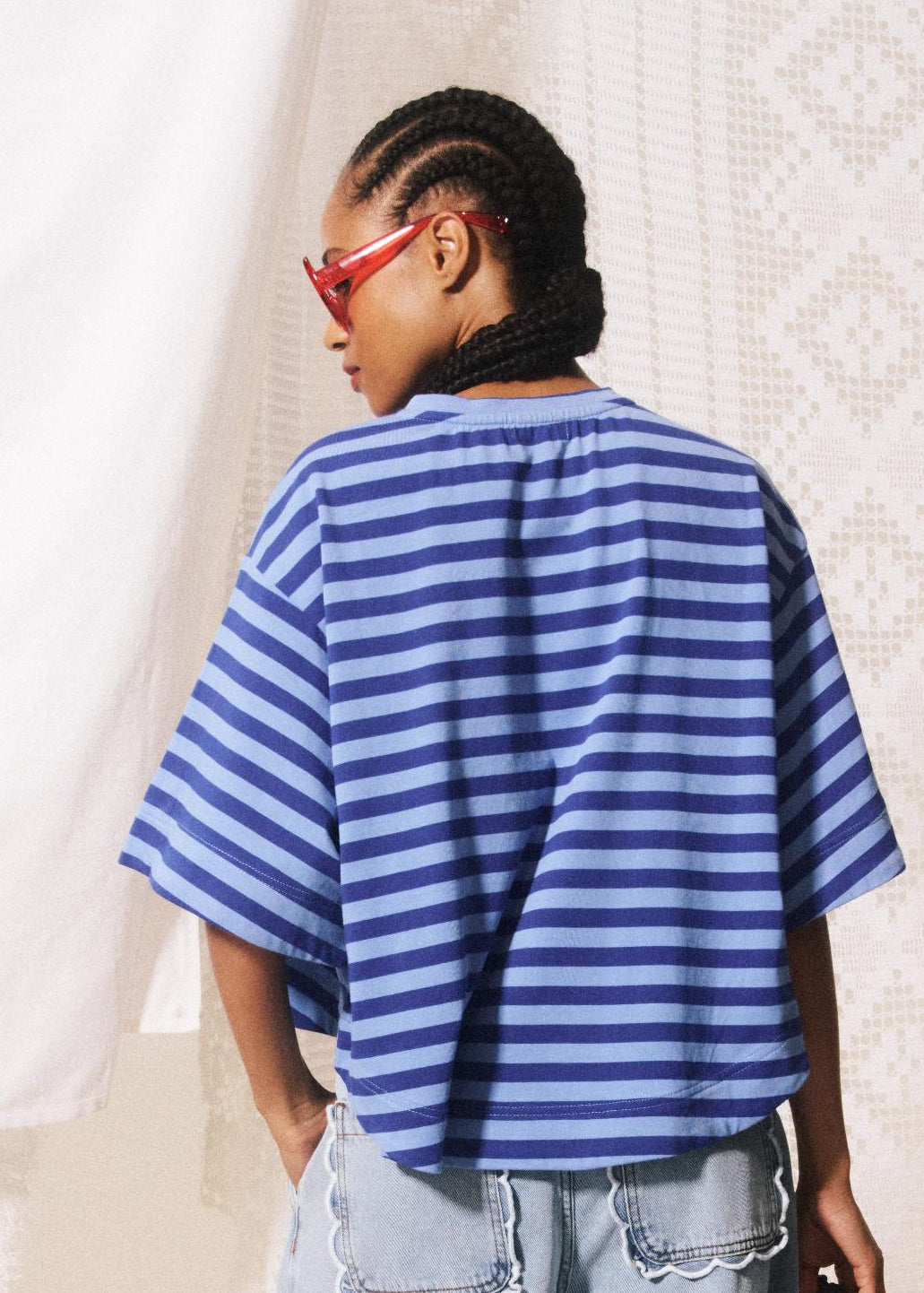 Blue Striped Tie-Neck Blouse