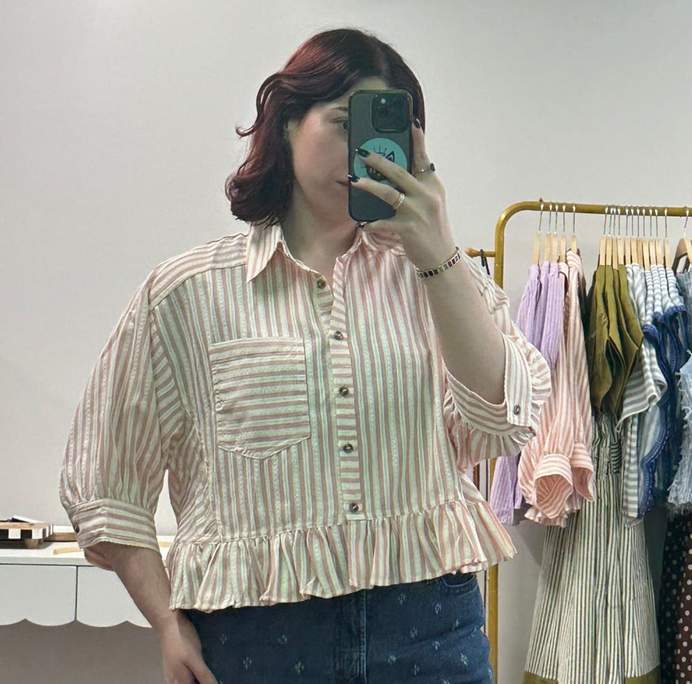 Pink Striped Flowy Button Shirt