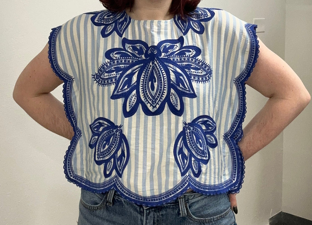 Blue Embroidered Scalloped Top