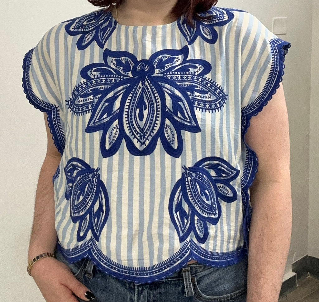 Blue Embroidered Scalloped Top
