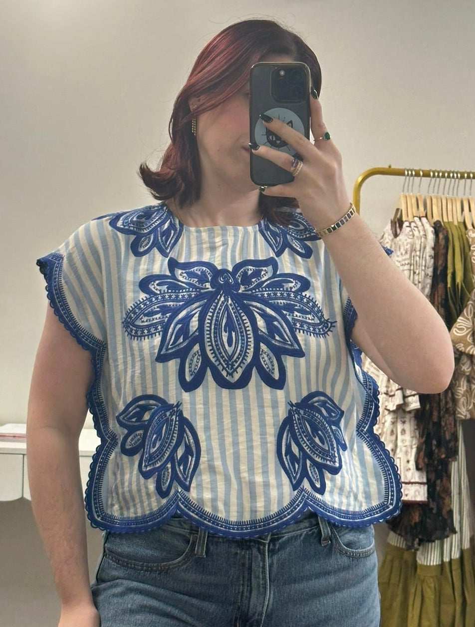 Blue Embroidered Scalloped Top