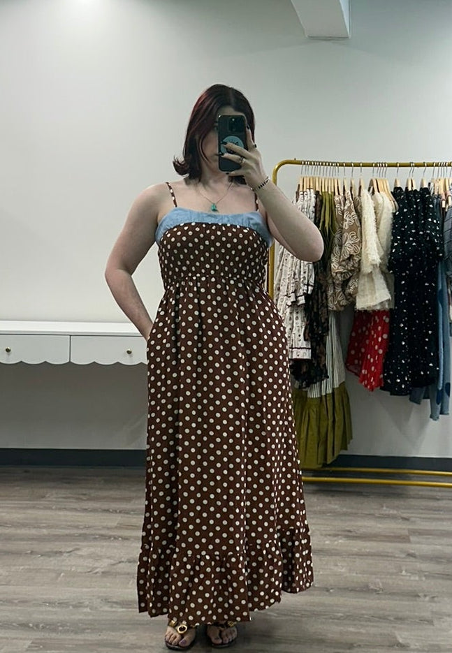 Brown Polka Dot Strapless Maxi Dress