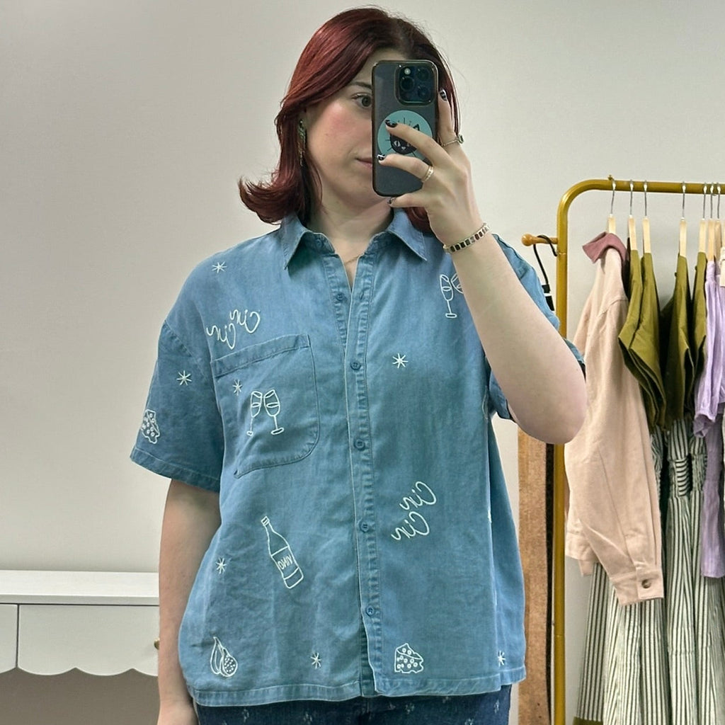 Cin Cin Embroidered Lyocell Chambray Button-Down Top