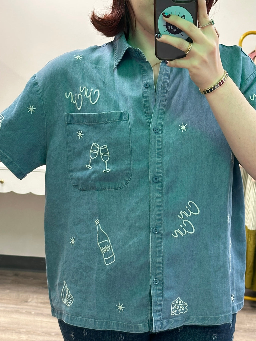 Cin Cin Embroidered Lyocell Chambray Button-Down Top