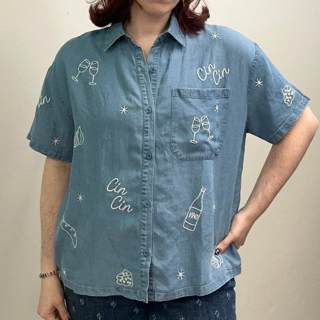 Cin Cin Embroidered Lyocell Chambray Button-Down Top