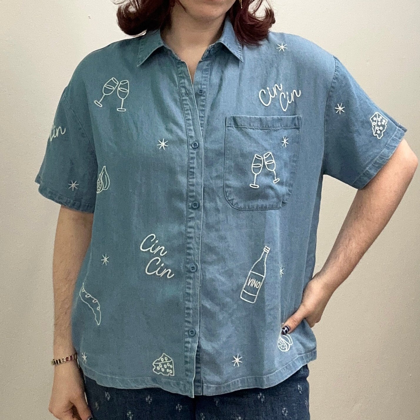 Cin Cin Embroidered Lyocell Chambray Button-Down Top