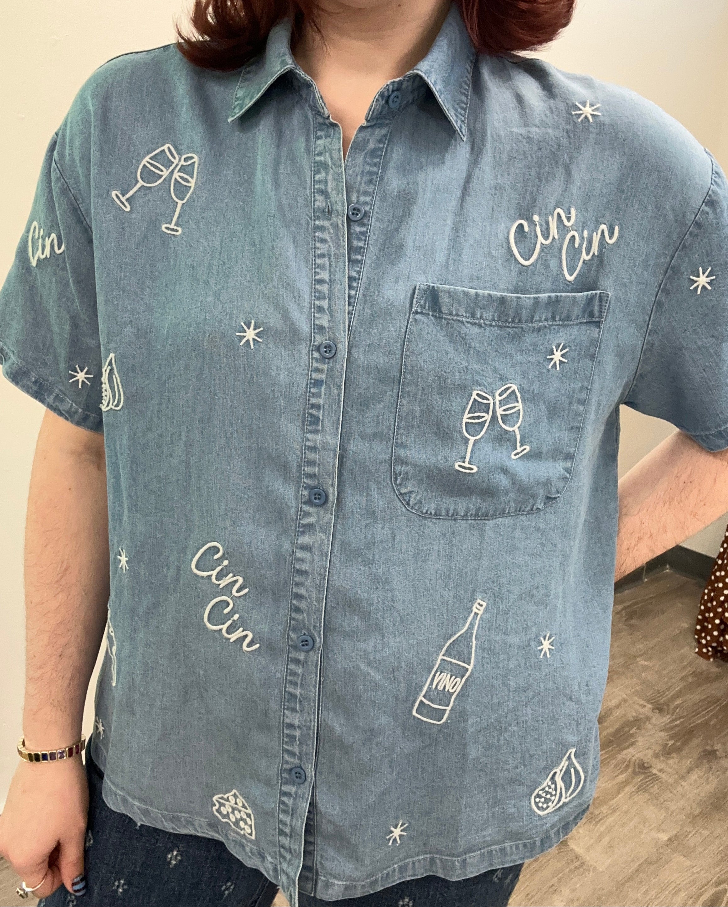 Cin Cin Embroidered Lyocell Chambray Button-Down Top