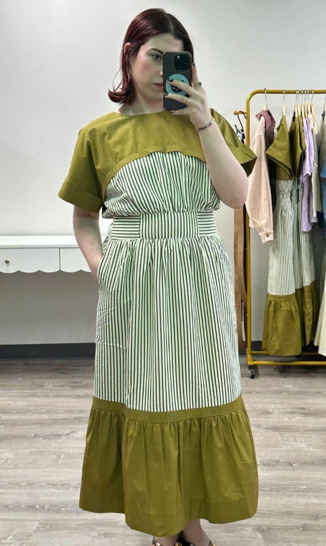 Olive Striped Midi Dress
