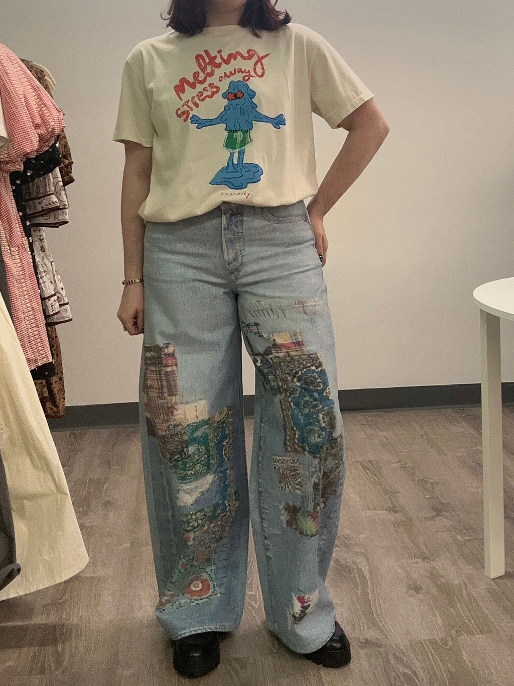 Patchwork Print Barrel Jean
