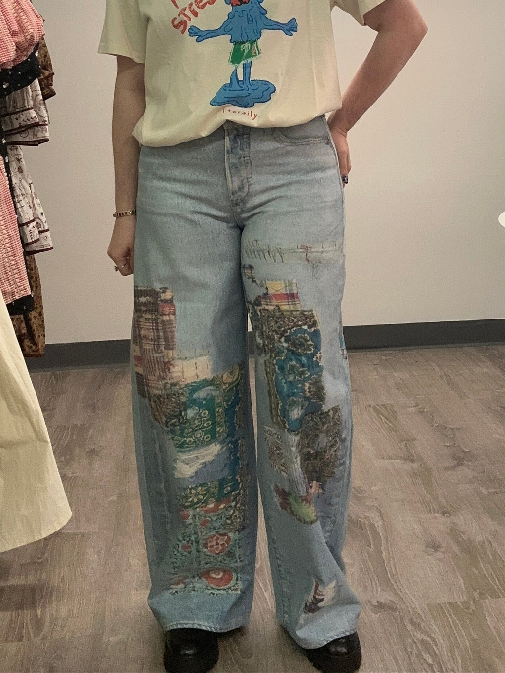 Patchwork Print Barrel Jean