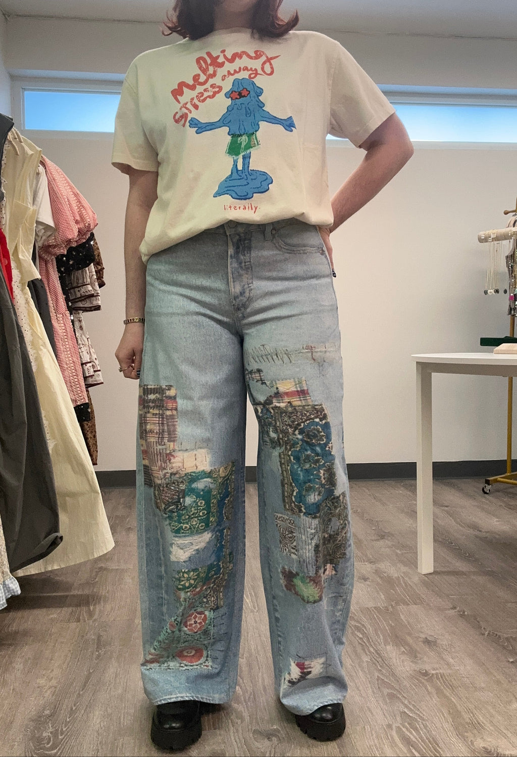 Patchwork Print Barrel Jean