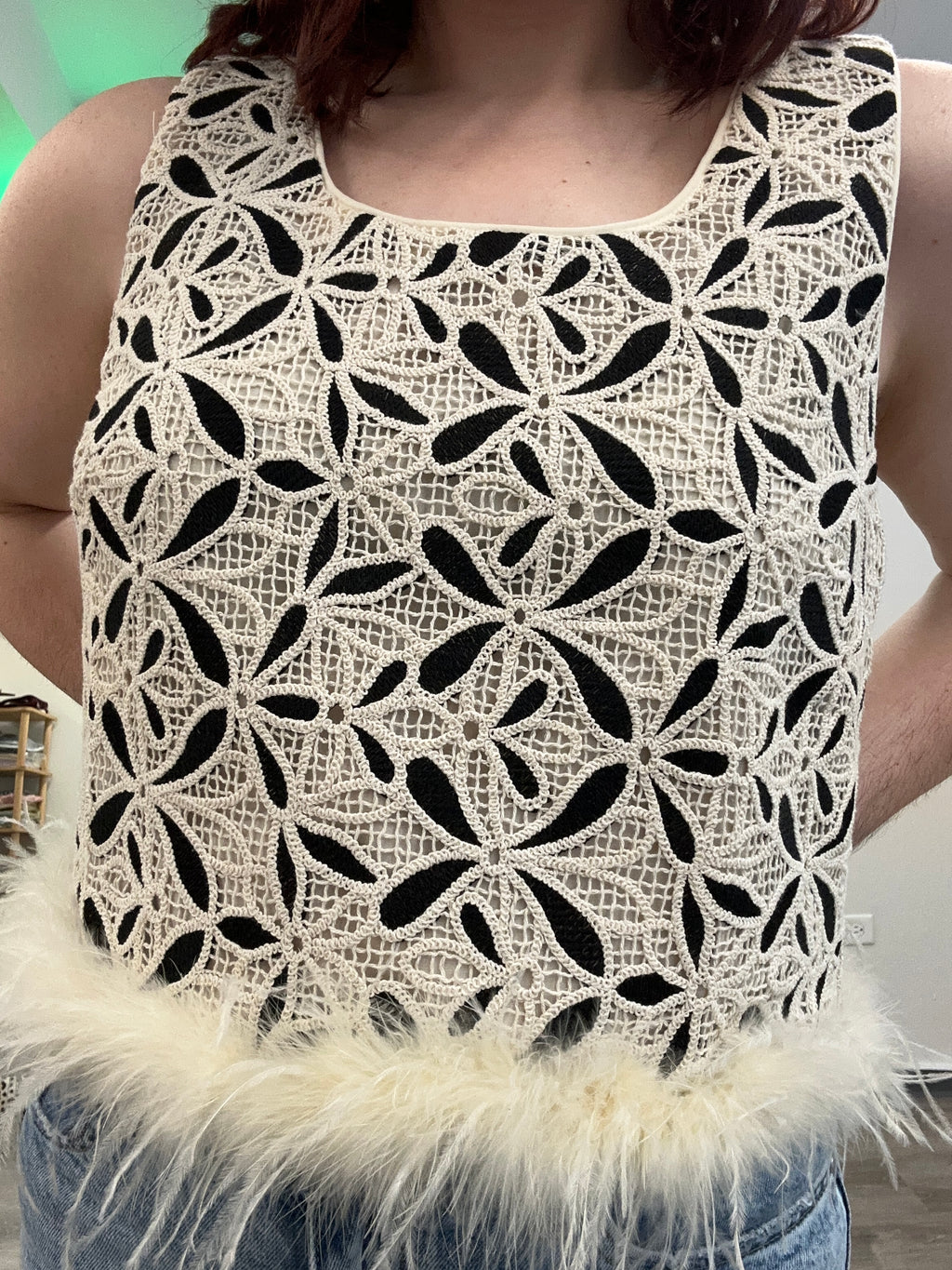 Ivory Feather Trim Crochet Top