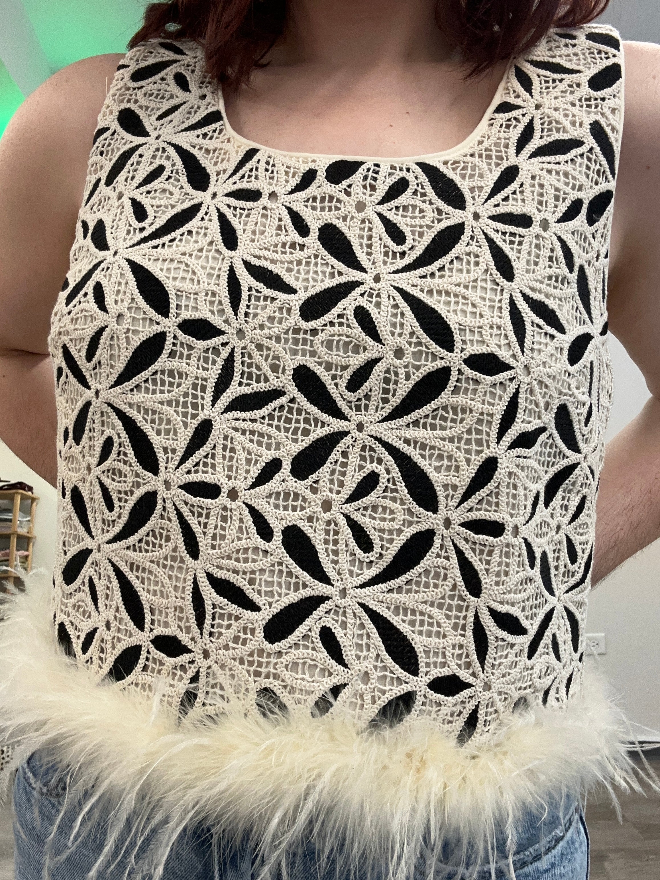 Ivory Feather Trim Crochet Top