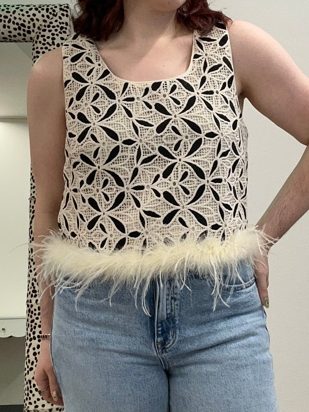 Ivory Feather Trim Crochet Top