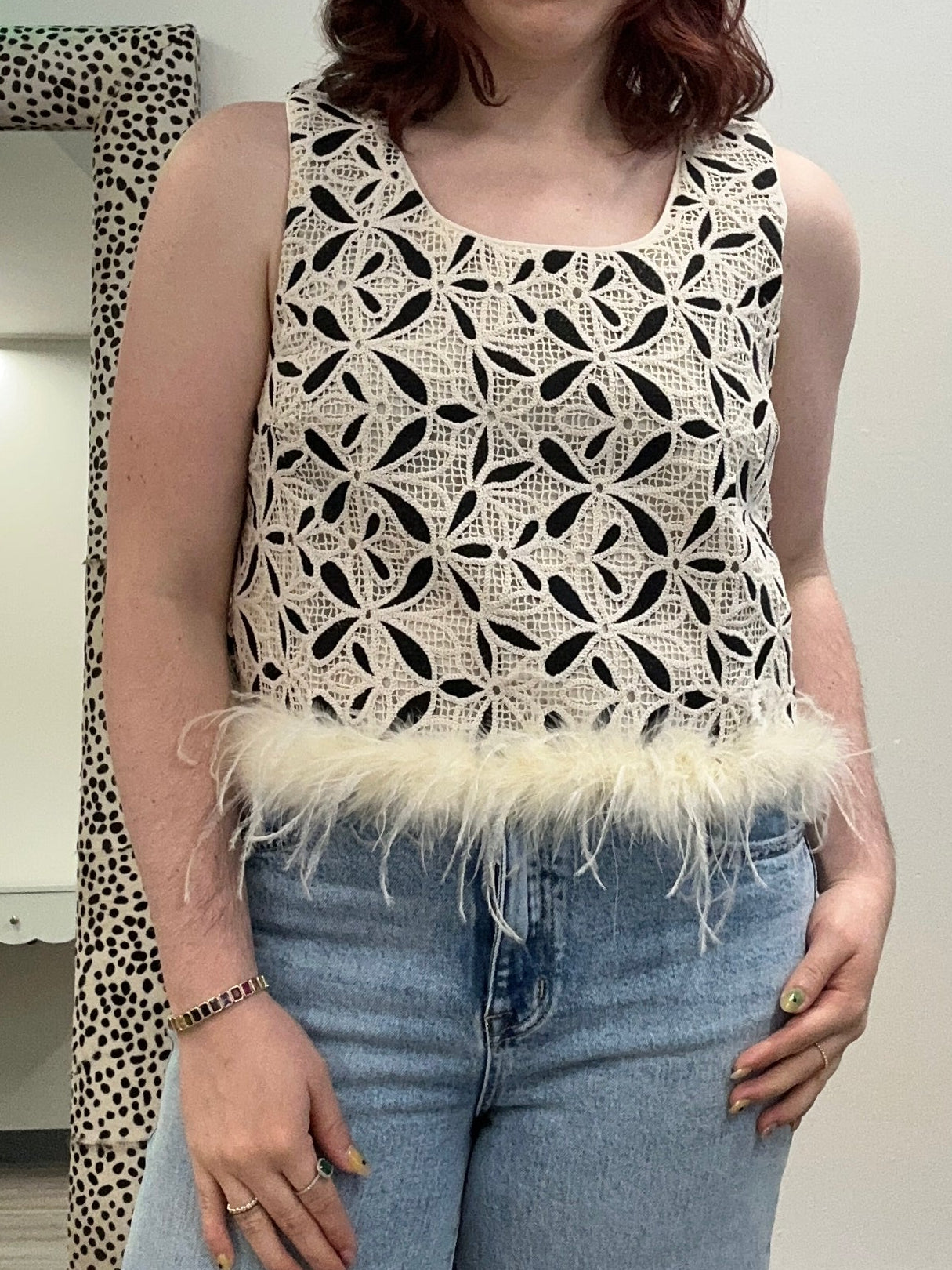 Ivory Feather Trim Crochet Top