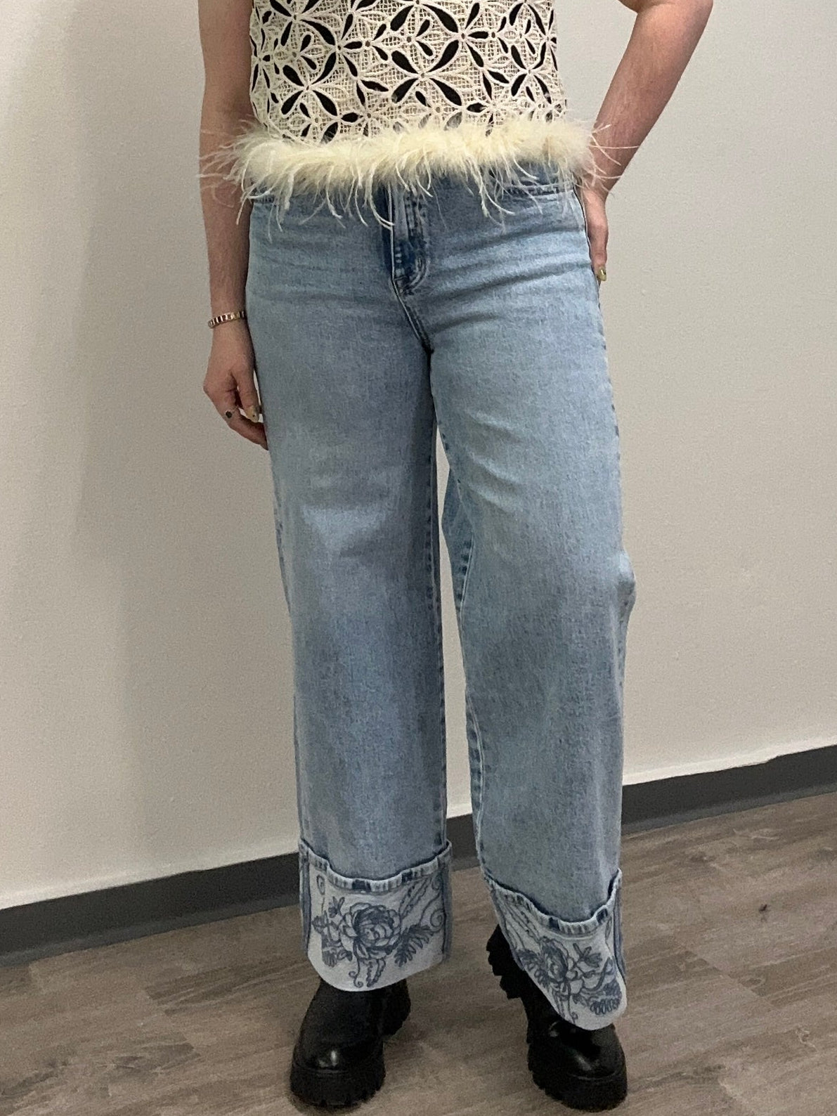 Floral Cuff Wide Leg Jean