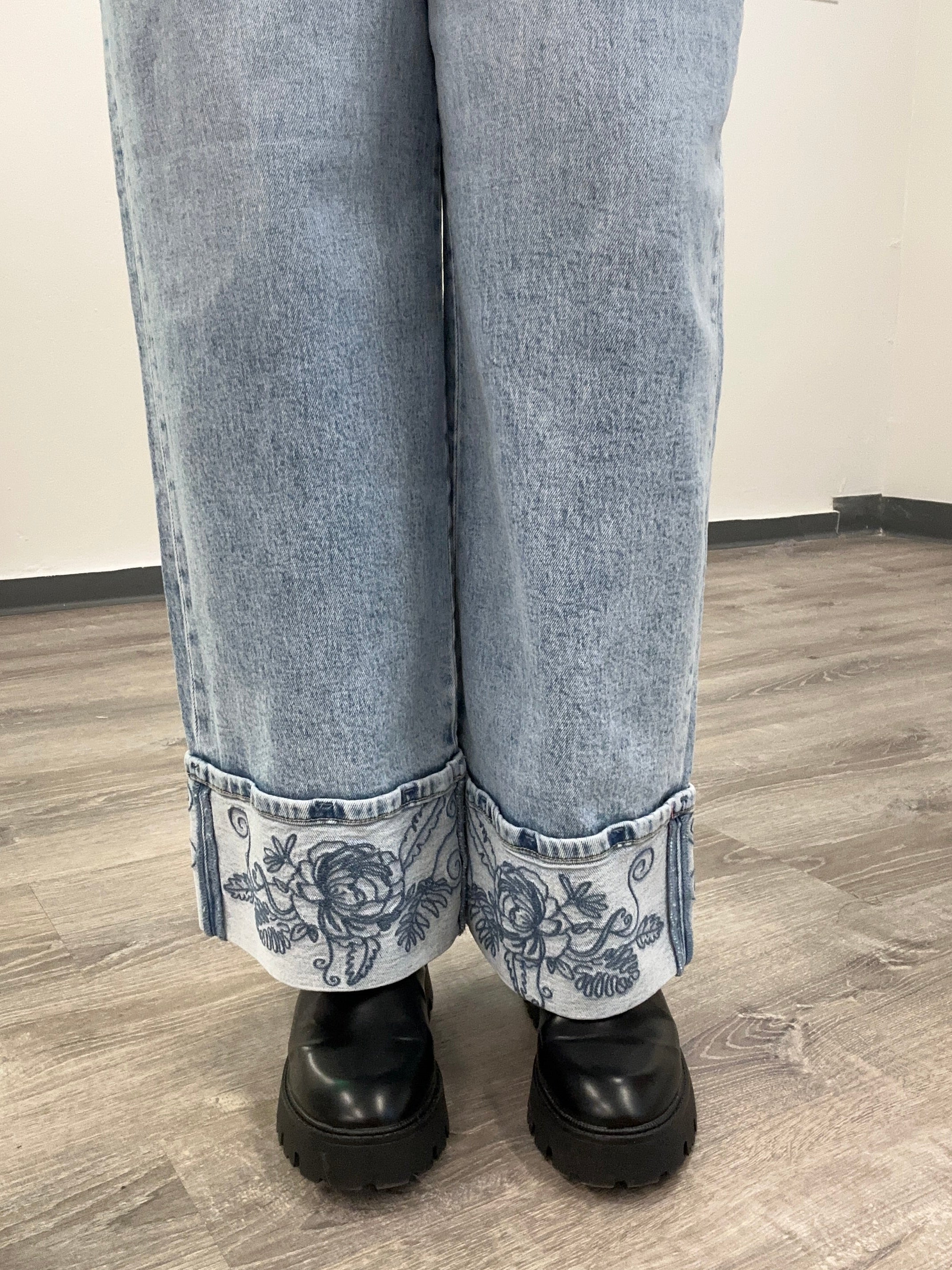 Floral Cuff Wide Leg Jean