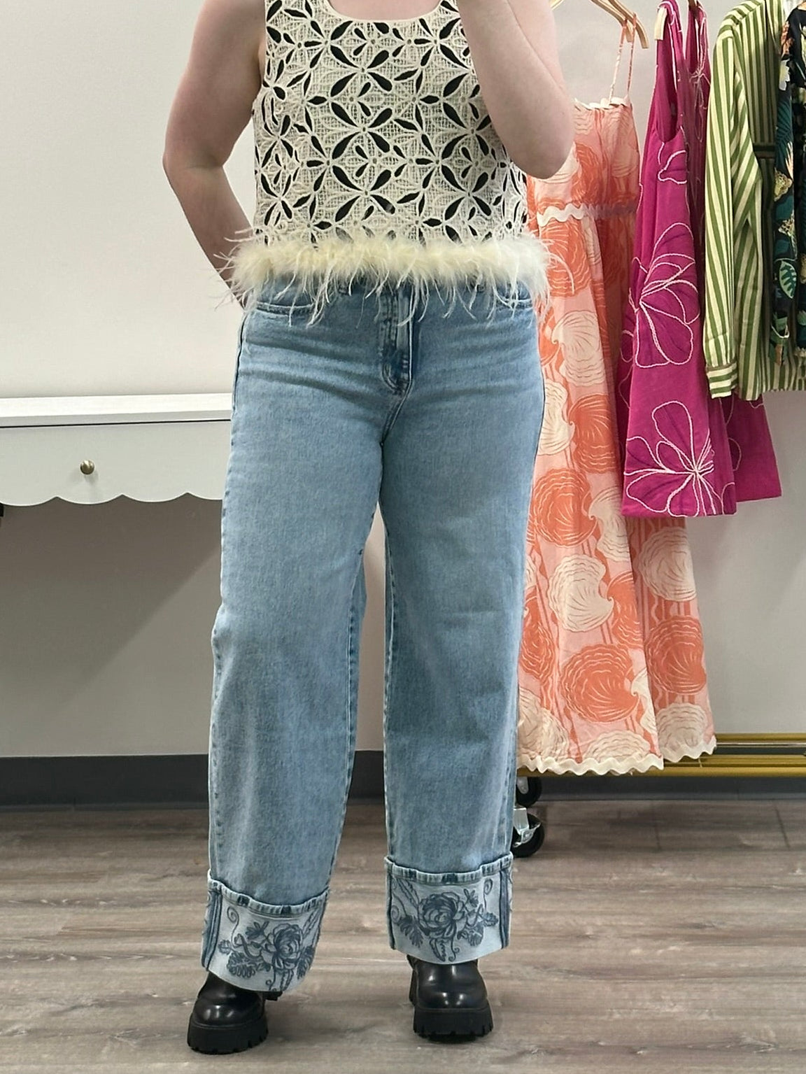 Floral Cuff Wide Leg Jean