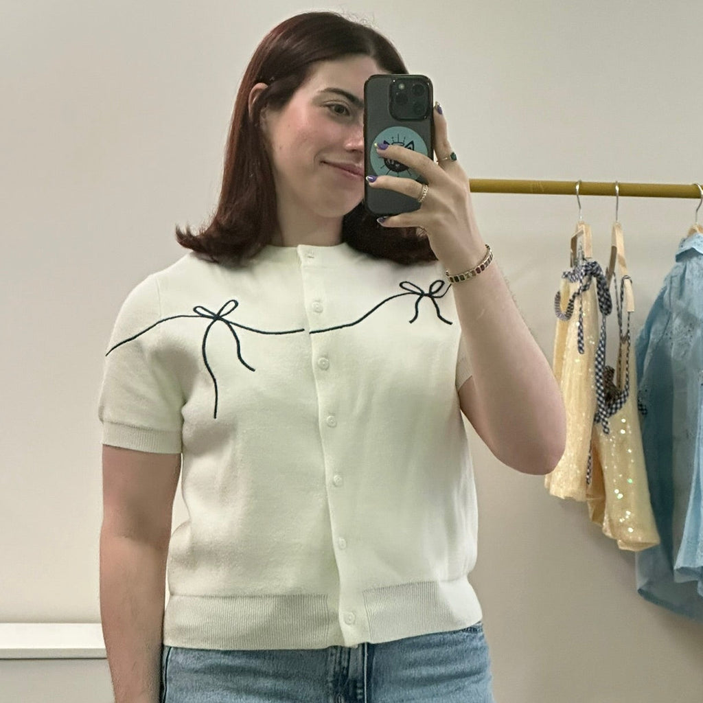 Cream & Navy Ribbon Cardigan