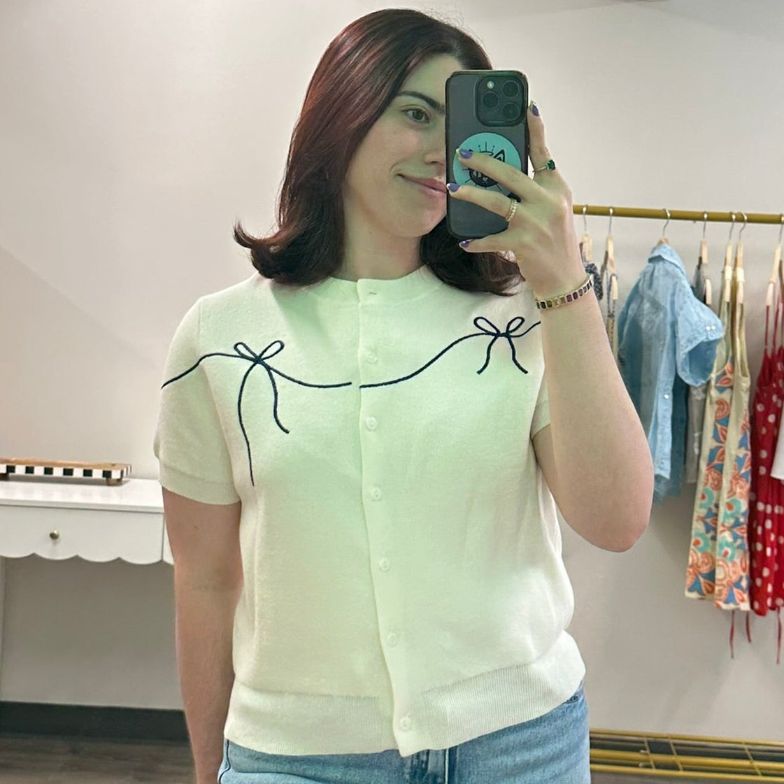 Cream & Navy Ribbon Cardigan