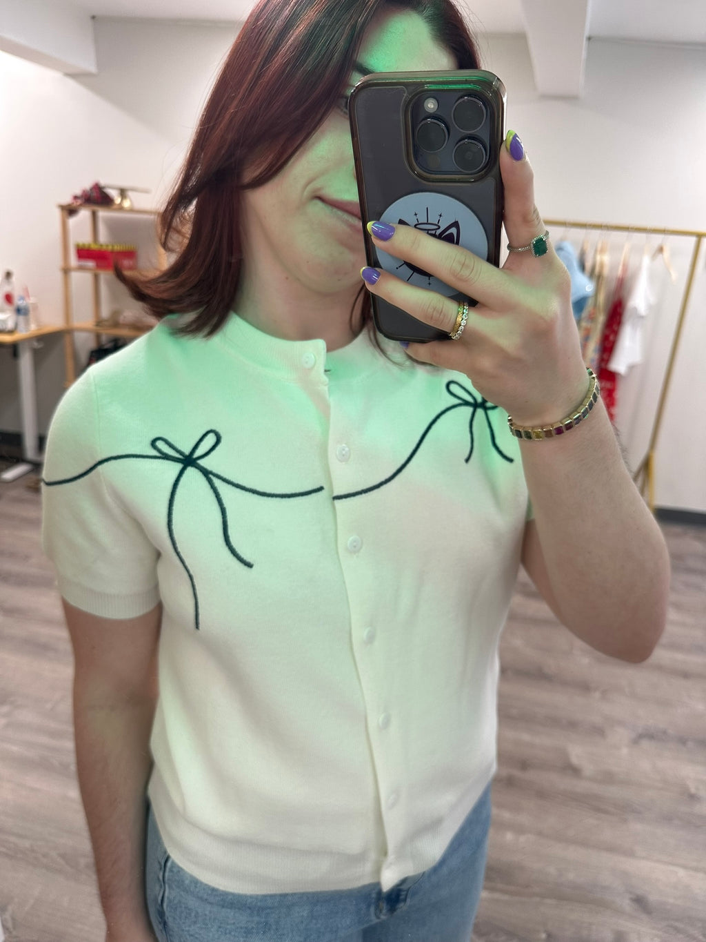 Cream & Navy Ribbon Cardigan