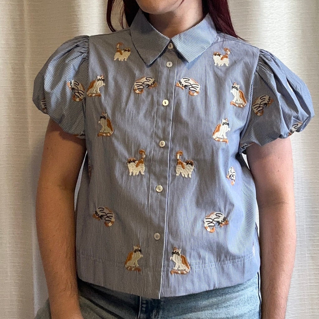 Blue Stripe Cat Embroidered Puff Sleeve Blouse