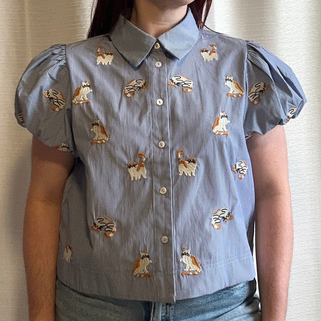 Blue Stripe Cat Embroidered Puff Sleeve Blouse