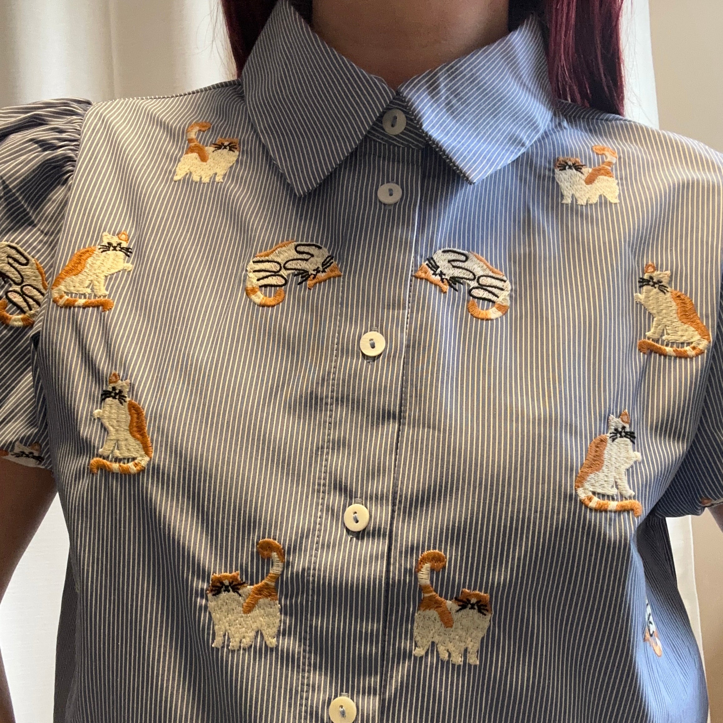Blue Stripe Cat Embroidered Puff Sleeve Blouse