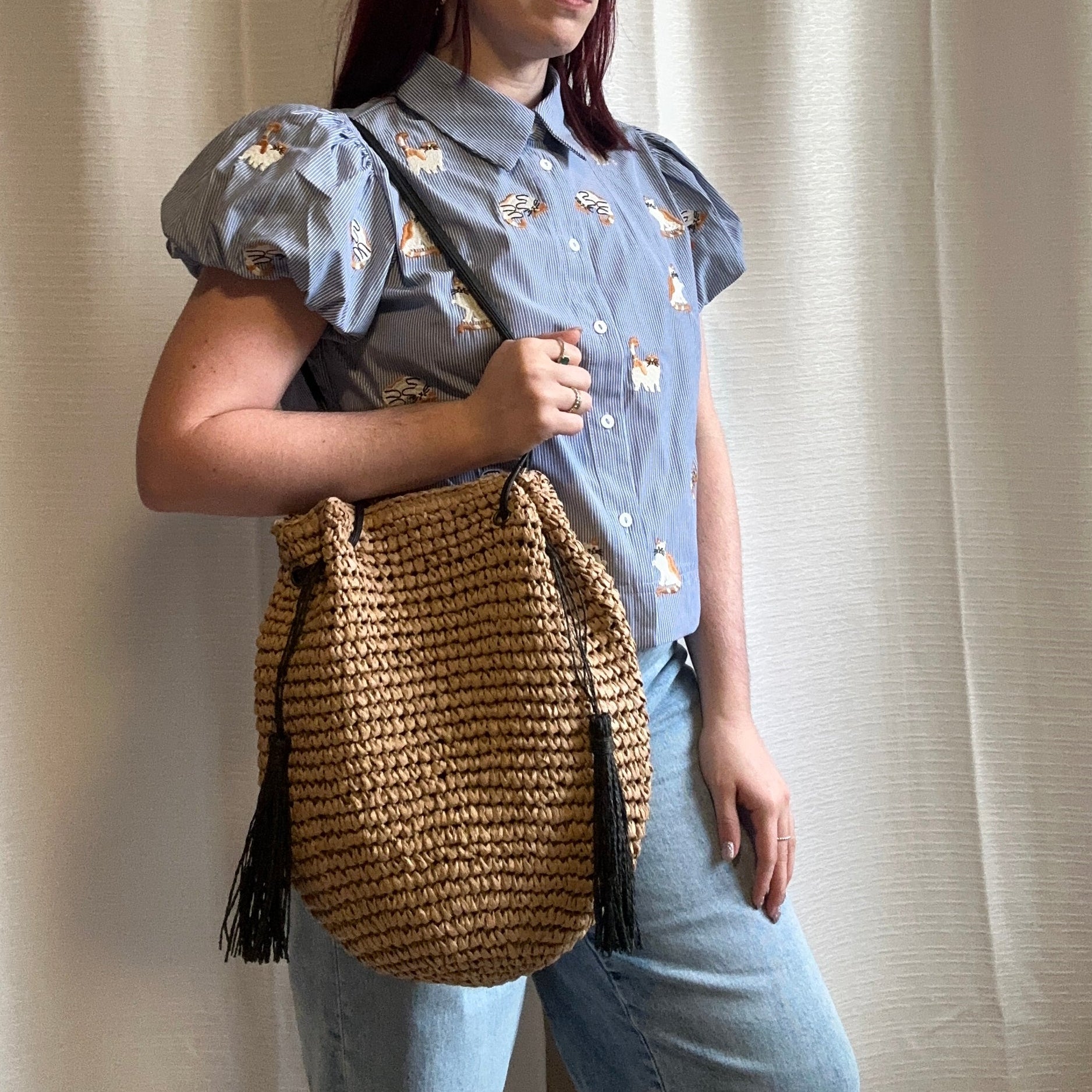 Natural Woven Tassel Bucket Bag
