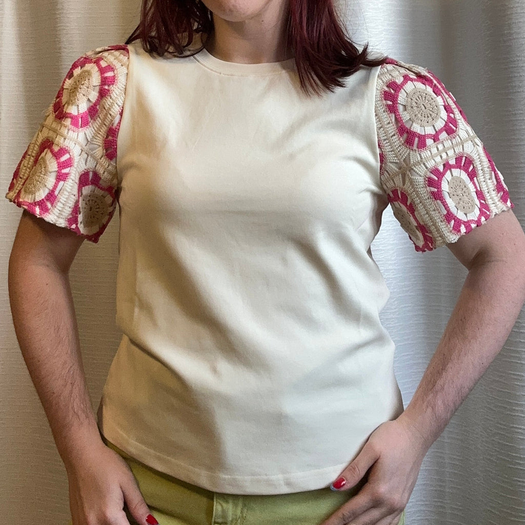Cream & Pink Crochet Sleeve Top