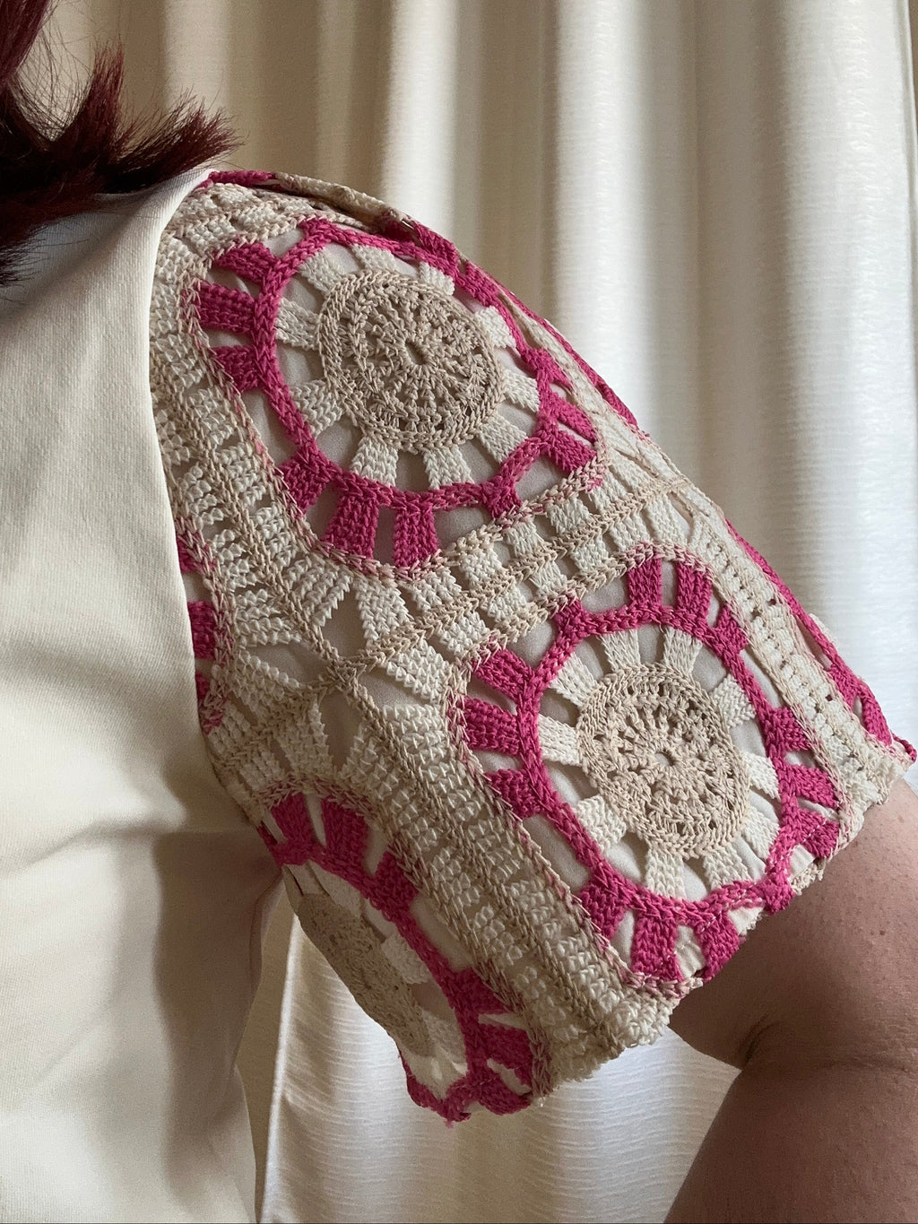 Cream & Pink Crochet Sleeve Top