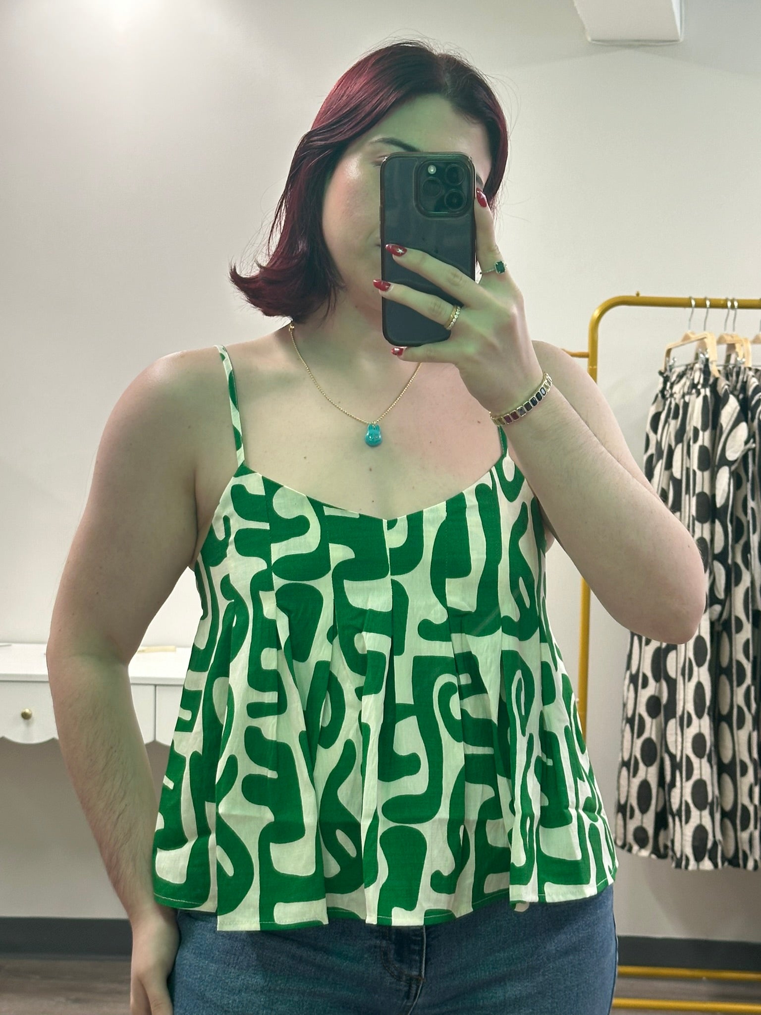 Green Geometric Print Pleated Top