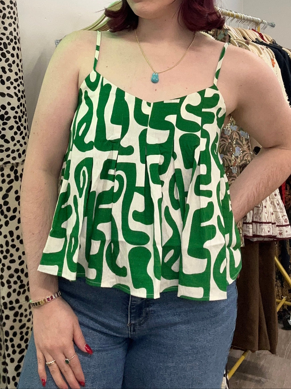 Green Geometric Print Pleated Top