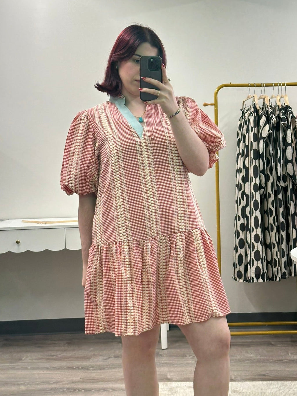 Red Gingham Puff Sleeve Dress